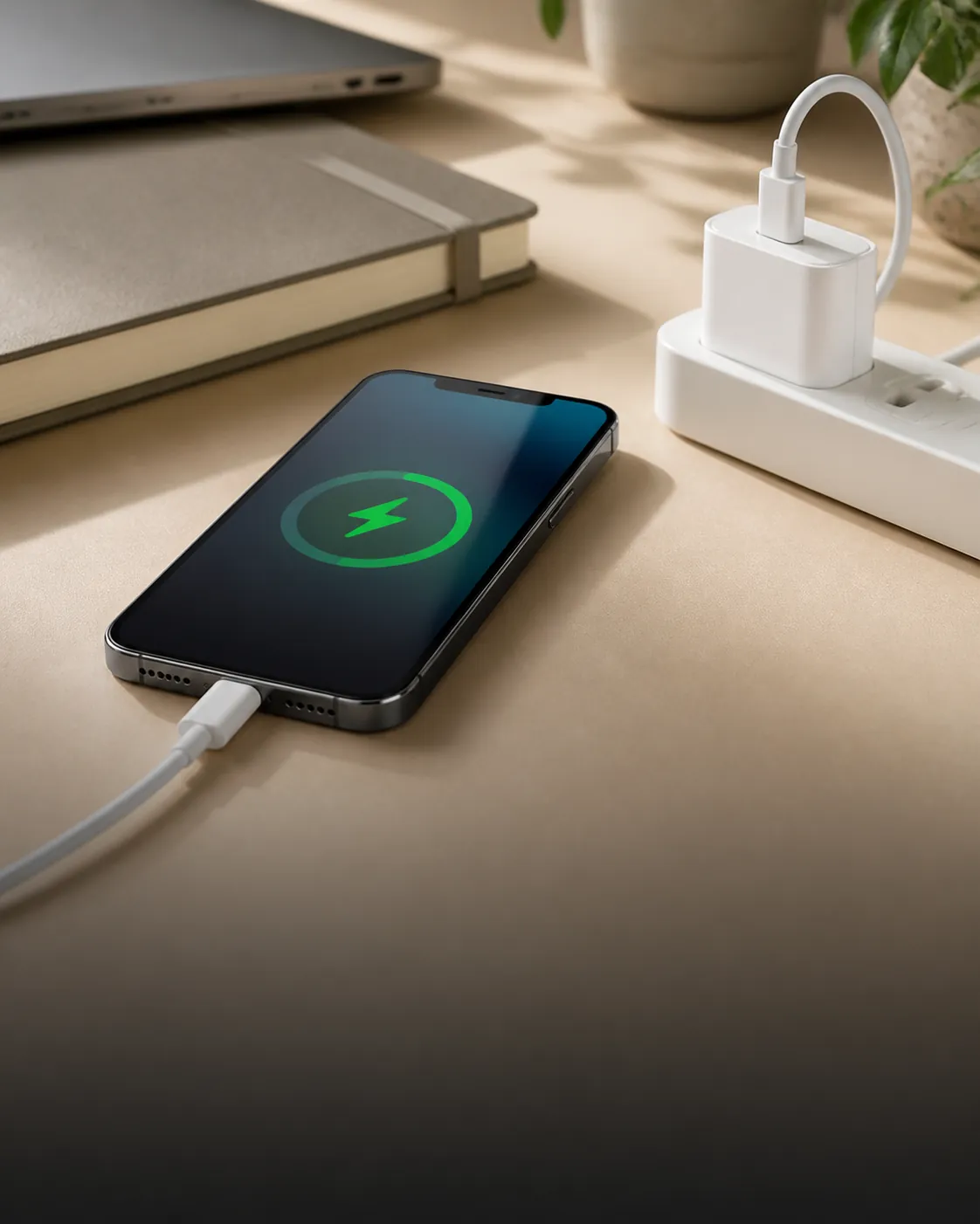 Smartphone charging with a USB-C cable on a clean office desk