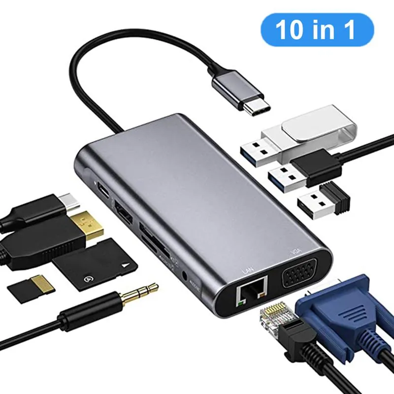 Silver 10-in-1 Type-C hub with labeled HDMI, VGA, RJ45, USB, card reader, audio and PD ports