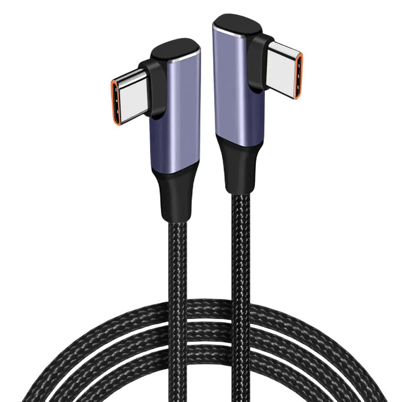 Purple and black double elbow USB-C to USB-C nylon braided cable on a white background