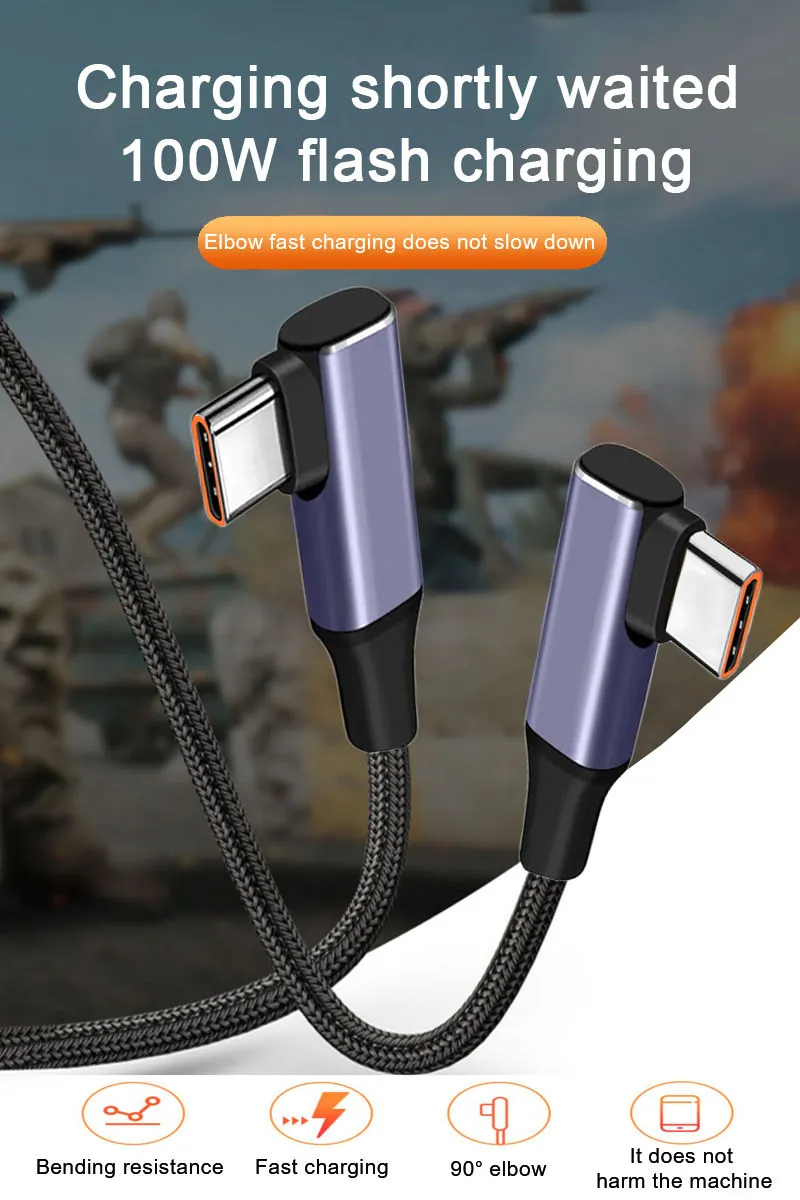 Supplier image showing 100W fast charging and 90-degree elbow USB-C cable feature cues