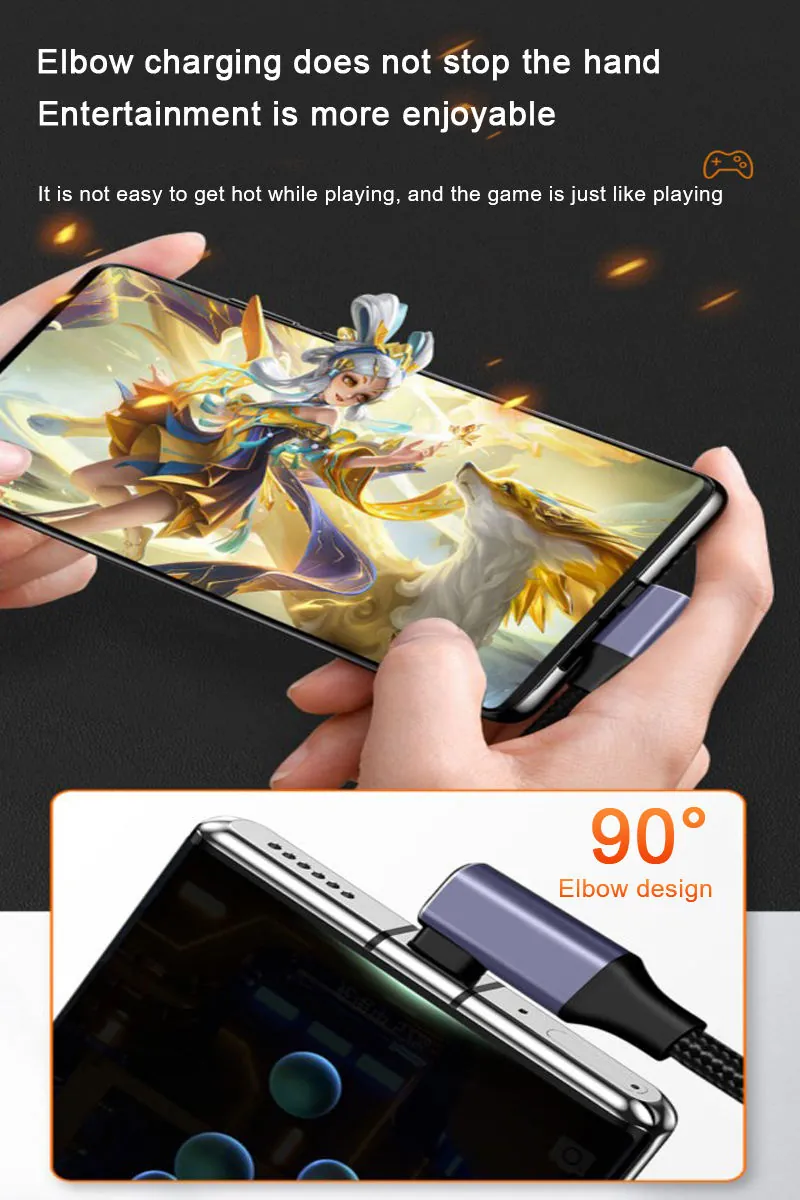 90-degree USB-C elbow cable connected to a mobile phone during gaming use