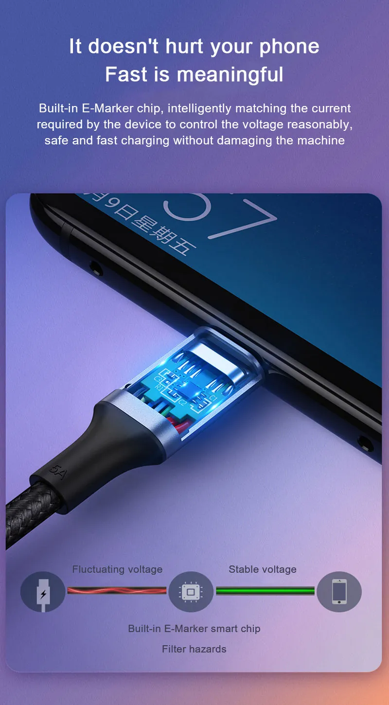 USB-C cable connected to a phone with E-Marker smart chip voltage-stability cue