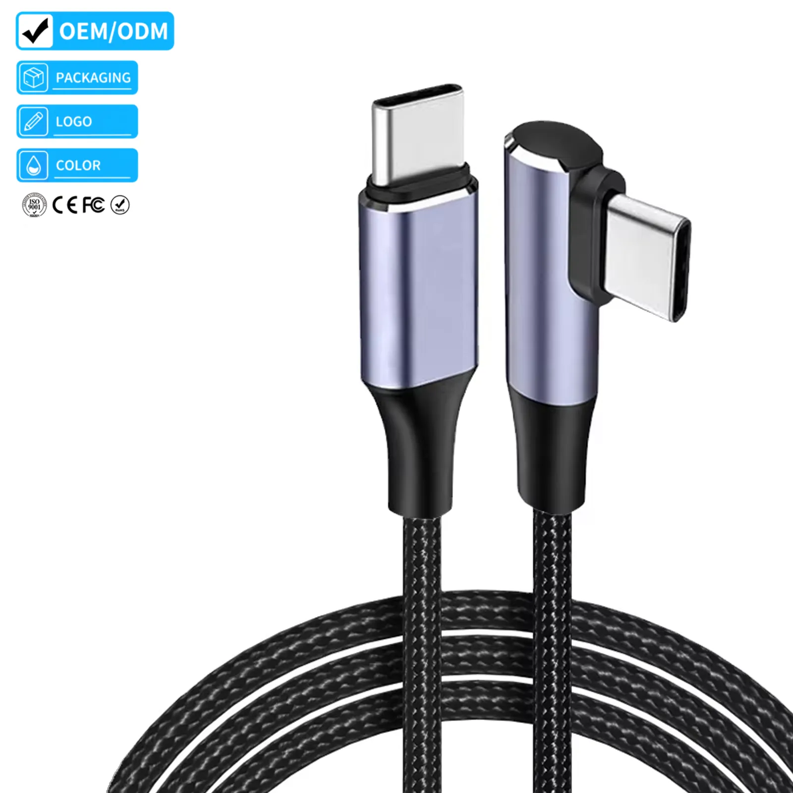 USB-C cable with one straight connector and one 90-degree elbow connector shown with OEM and logo cues