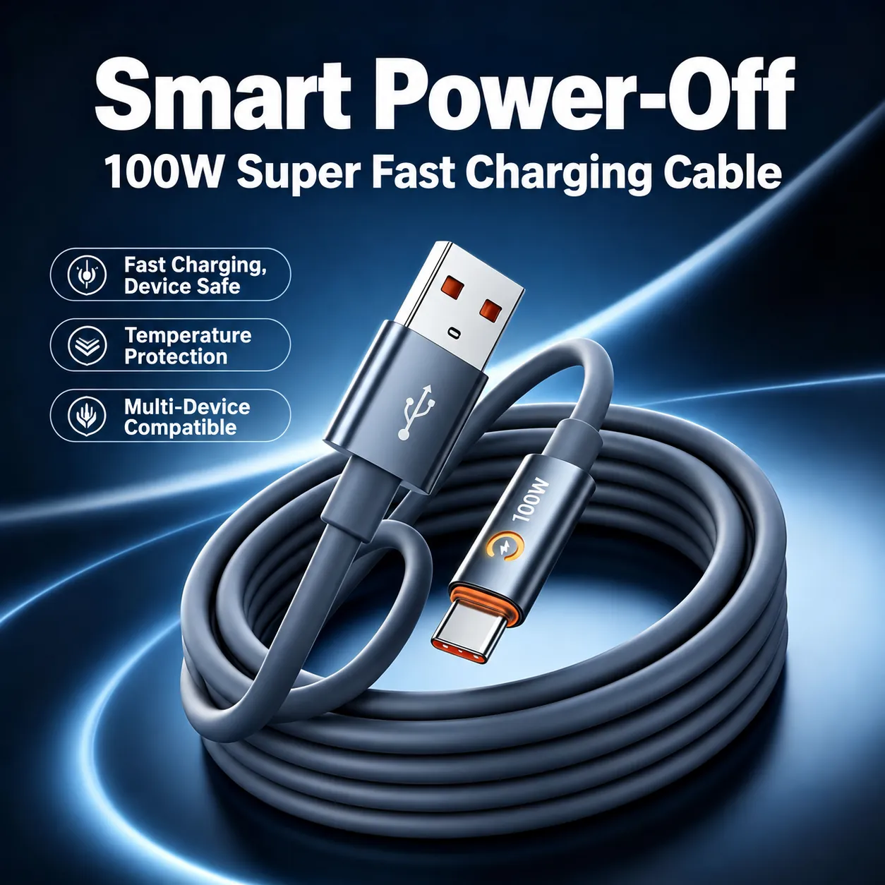 100W smart power-off USB-A to Type-C cable with fast charging and device-safe cues