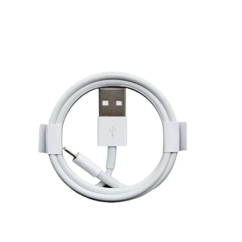 White USB-A to Lightning-style iPhone charging cable coiled on a white background