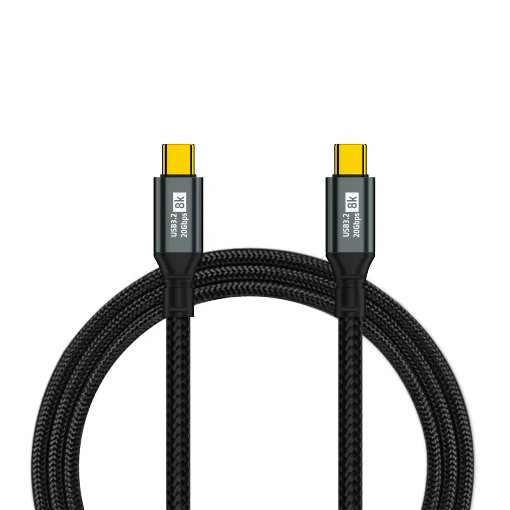 Black braided USB-C to USB-C cable with connector labels showing USB3.2, 20Gbps and 8K cues