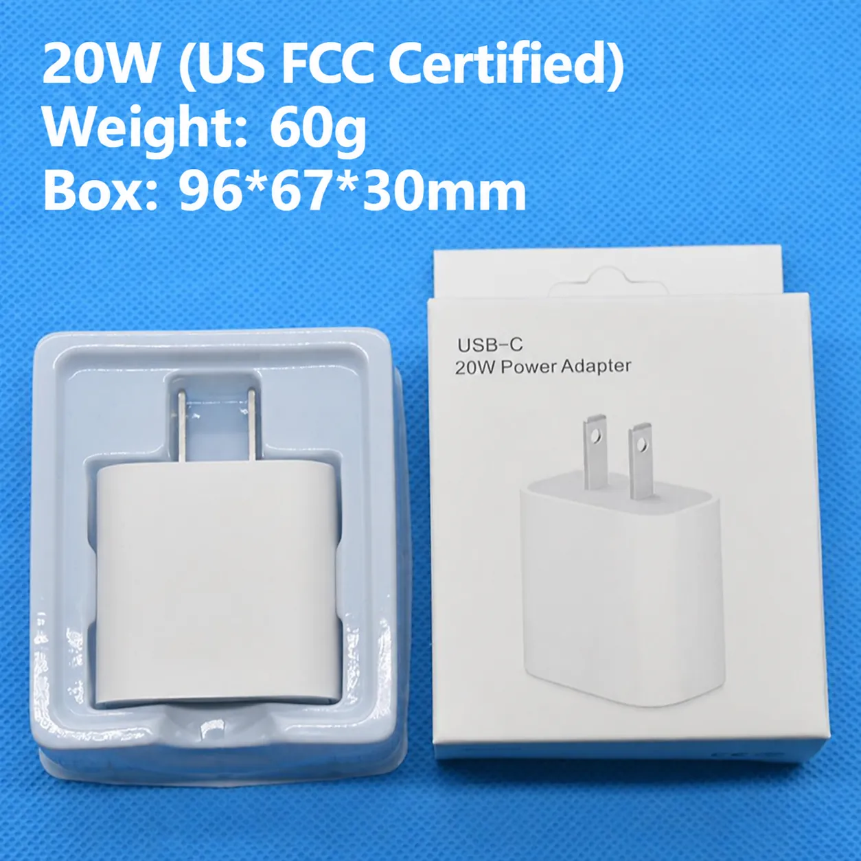 20W USB-C power adapter with retail box and US FCC certified packaging cue