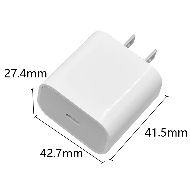 Dimension drawing for white 20W USB-C wall charger showing 27.4 mm, 42.7 mm and 41.5 mm measurements