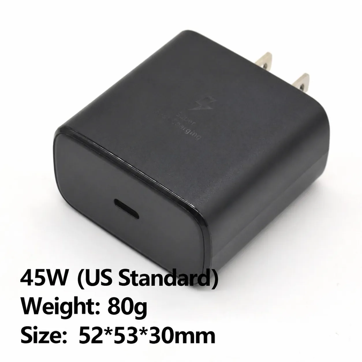 45W US standard USB-C wall charger image showing 80 g weight and 52 by 53 by 30 mm size cue