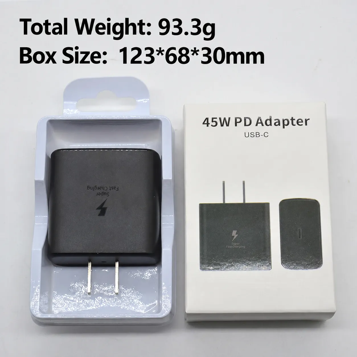 45W PD adapter in retail tray with USB-C packaging and total weight and box size cues