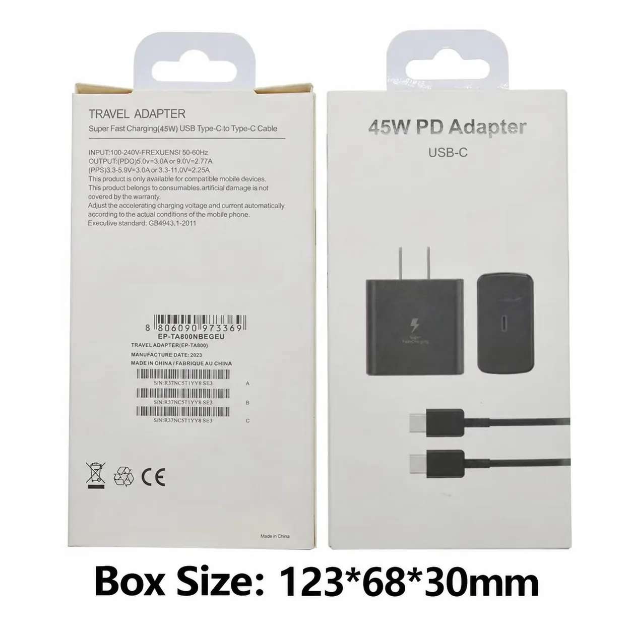 45W PD USB-C travel adapter package front and back with input output and box size cues