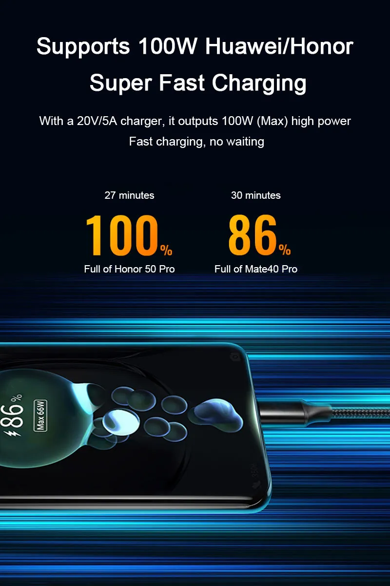 Supplier image showing 100W Huawei Honor super fast charging with 20V 5A charger cue