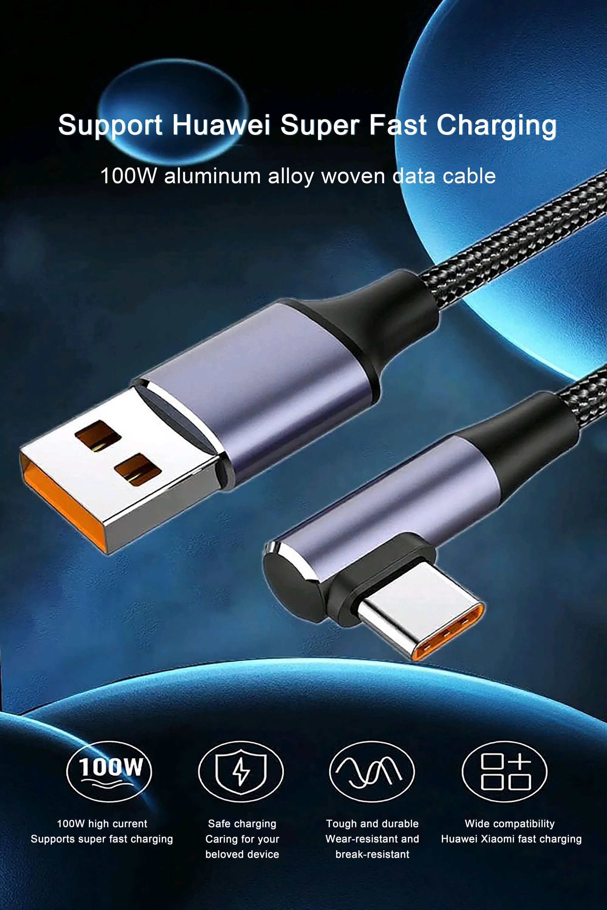Supplier image showing USB-A to USB-C cable with Huawei super fast charging and 100W feature cues