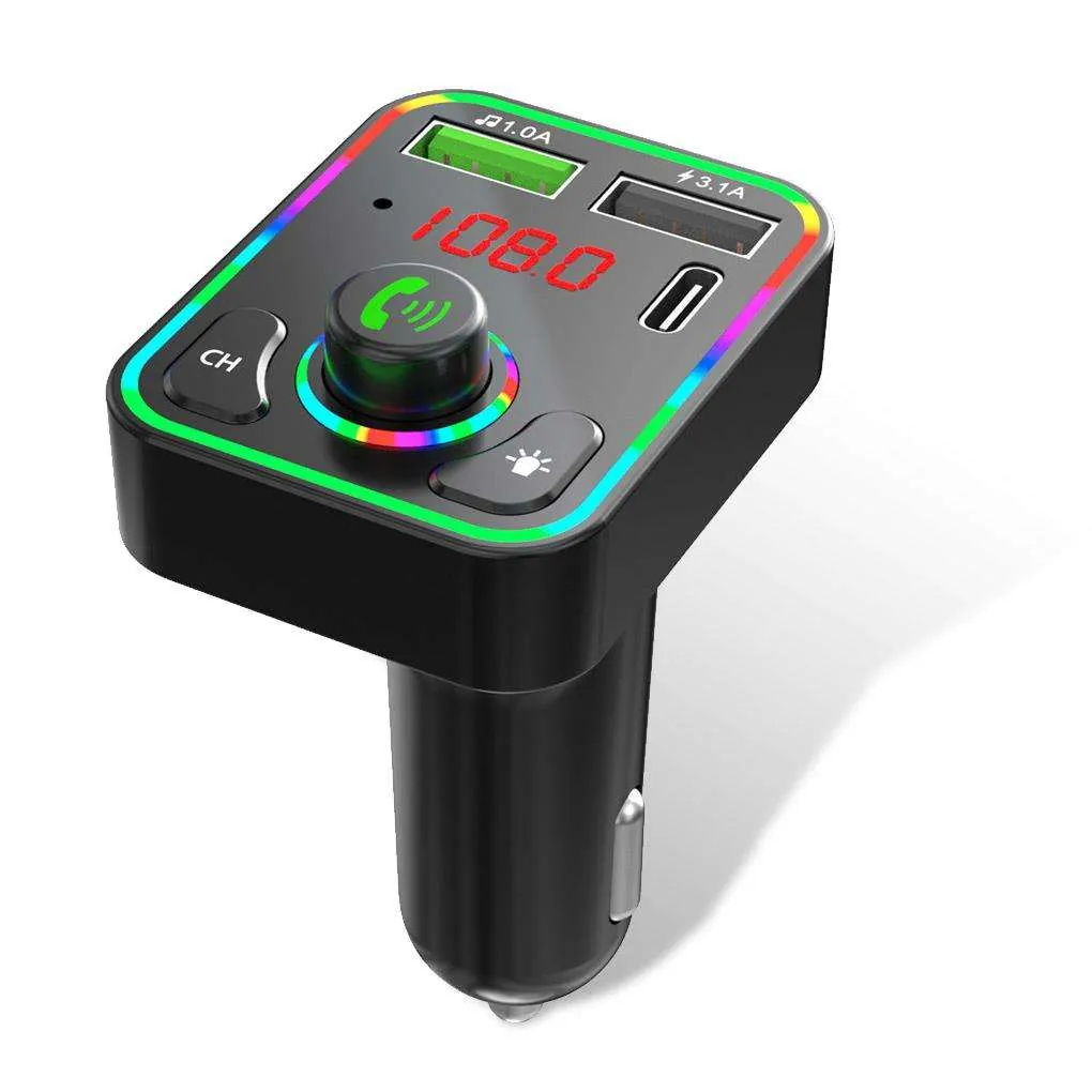 BT5.0 car FM transmitter charger with RGB light trim, display, dual USB ports and Type-C port