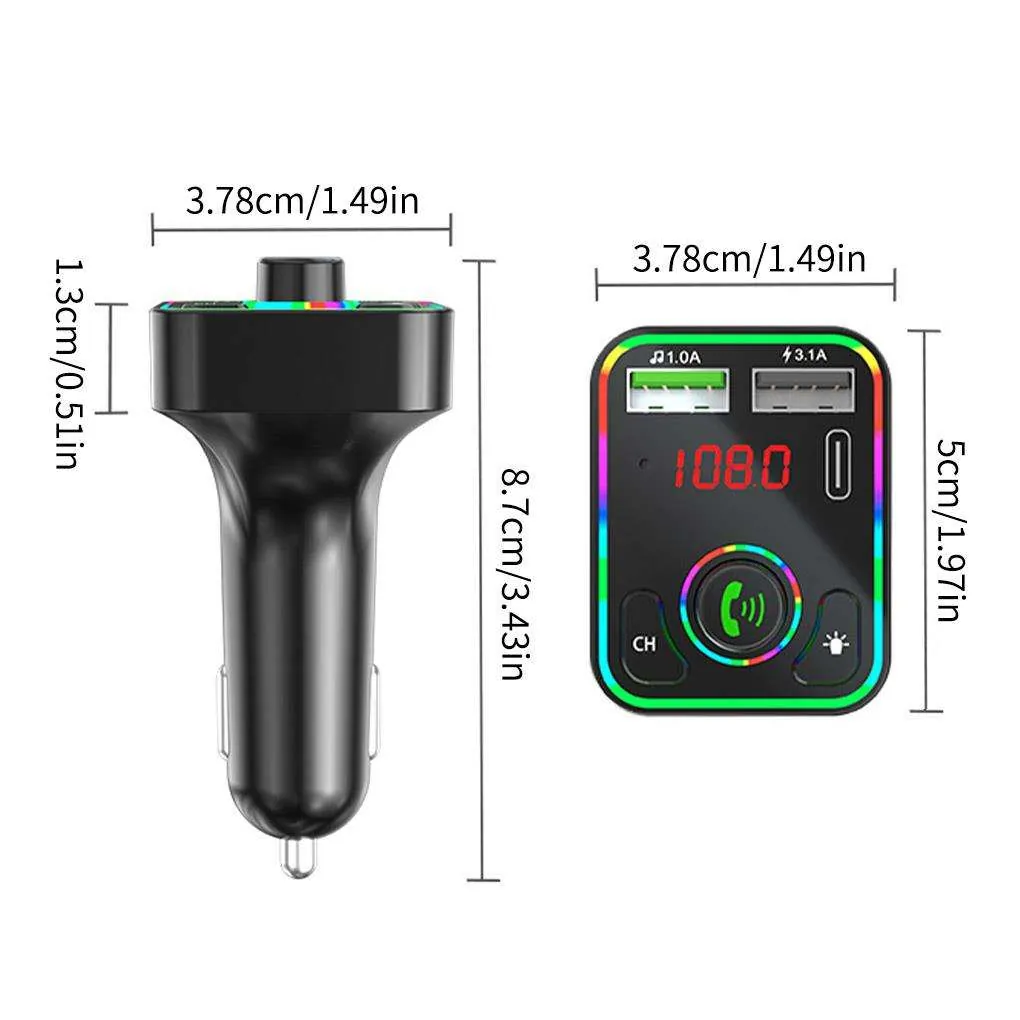 BT5.0 car FM transmitter charger dimension image showing side and face measurements