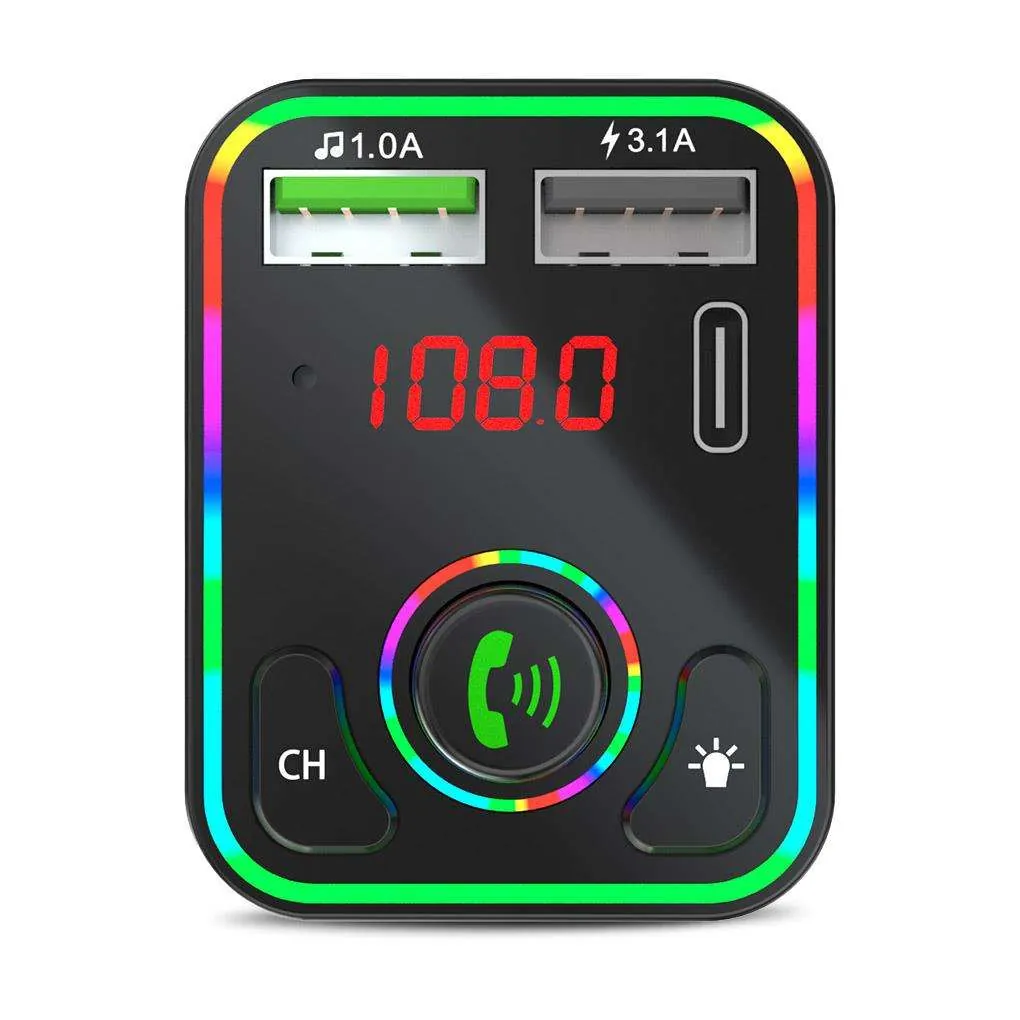 Close-up faceplate of BT5.0 car FM transmitter charger showing 1.0A USB, 3.1A USB, Type-C port, LED display and call button