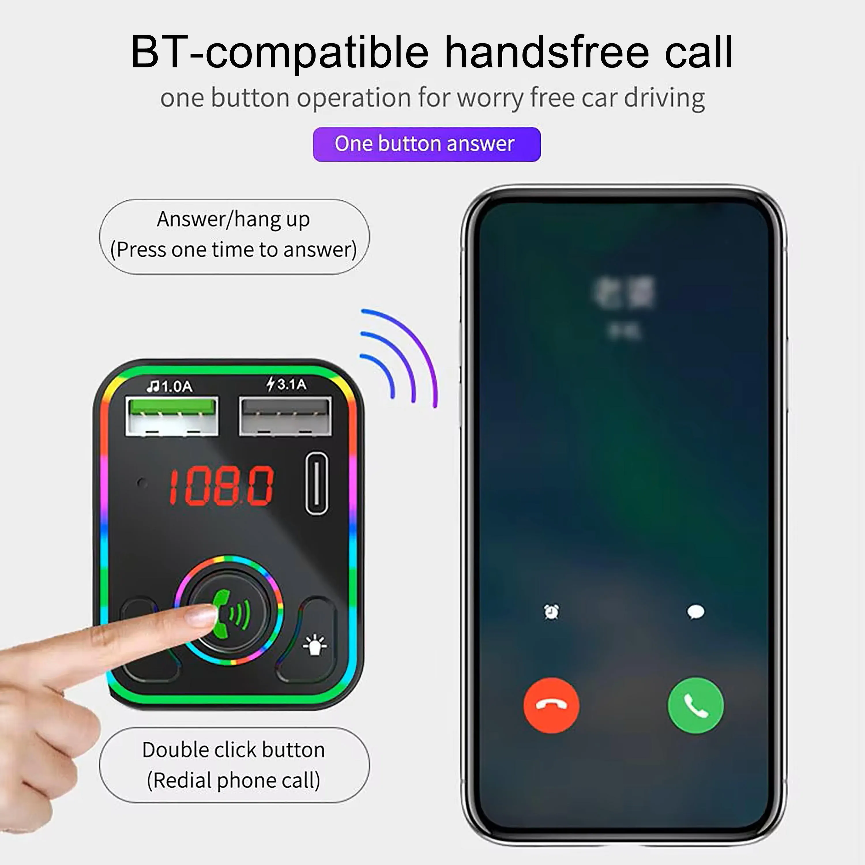 BT-compatible handsfree call image showing one-button answer and redial cues for car FM transmitter