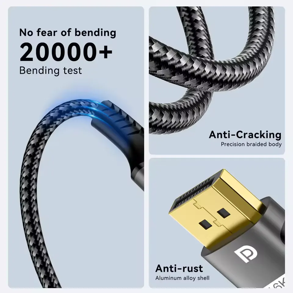 Supplier image illustrating braided cable and connector durability claims