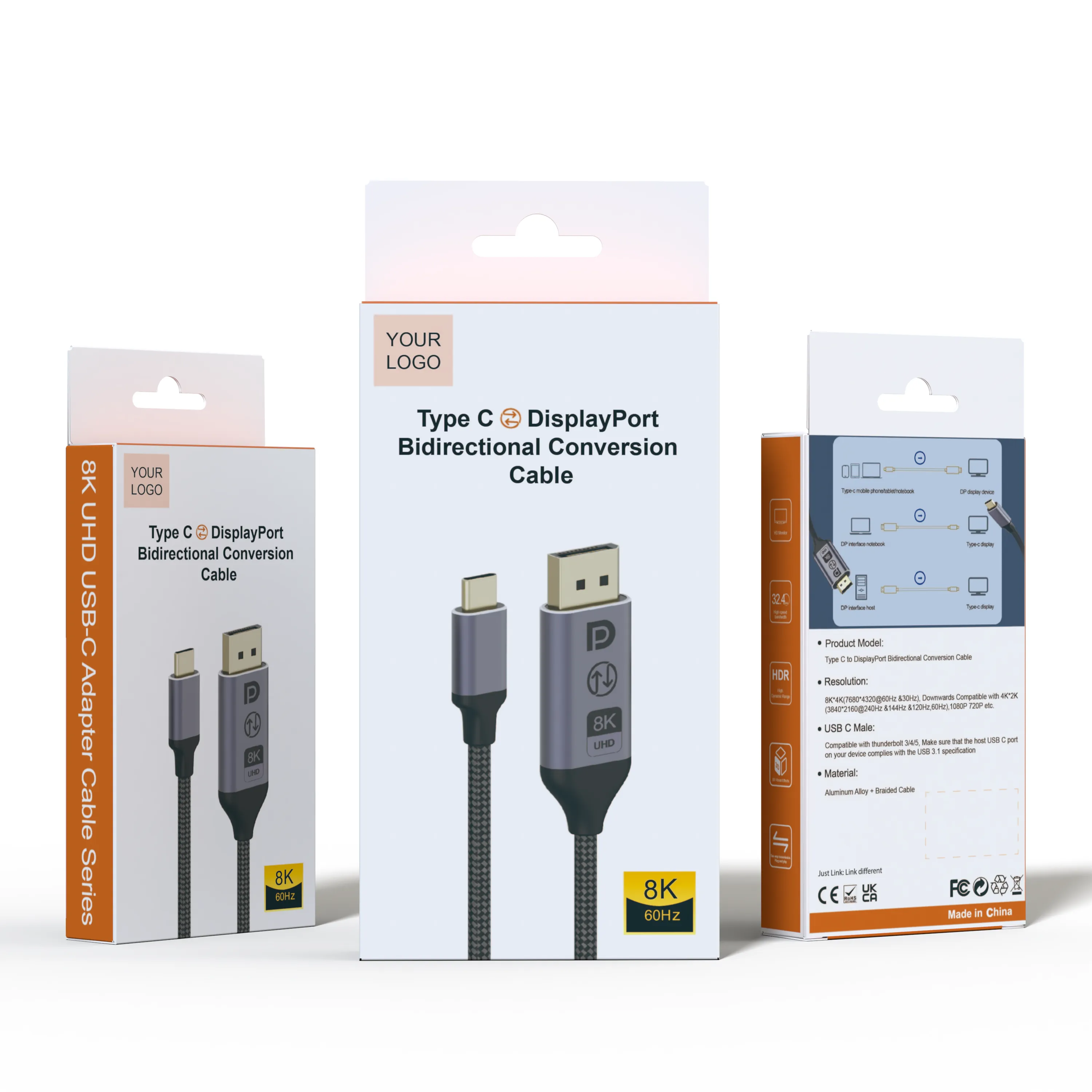 Retail packaging mockup for Type-C DisplayPort bidirectional conversion cable with logo area