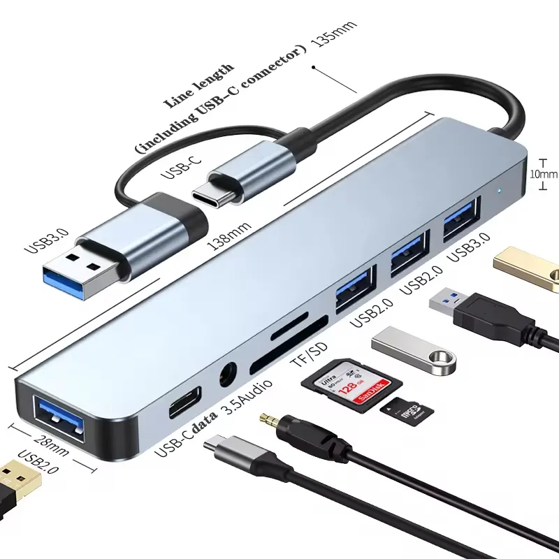 Dual-head 8-in-1 aluminium USB-C hub with labeled USB-C, USB 3.0, USB 2.0, TF/SD and audio ports plus dimension cues