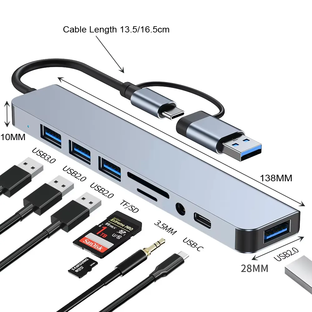 Dual-head 8-in-1 aluminium USB-C hub with USB 3.0, USB 2.0, TF/SD, 3.5 mm and USB-C labels plus size dimensions