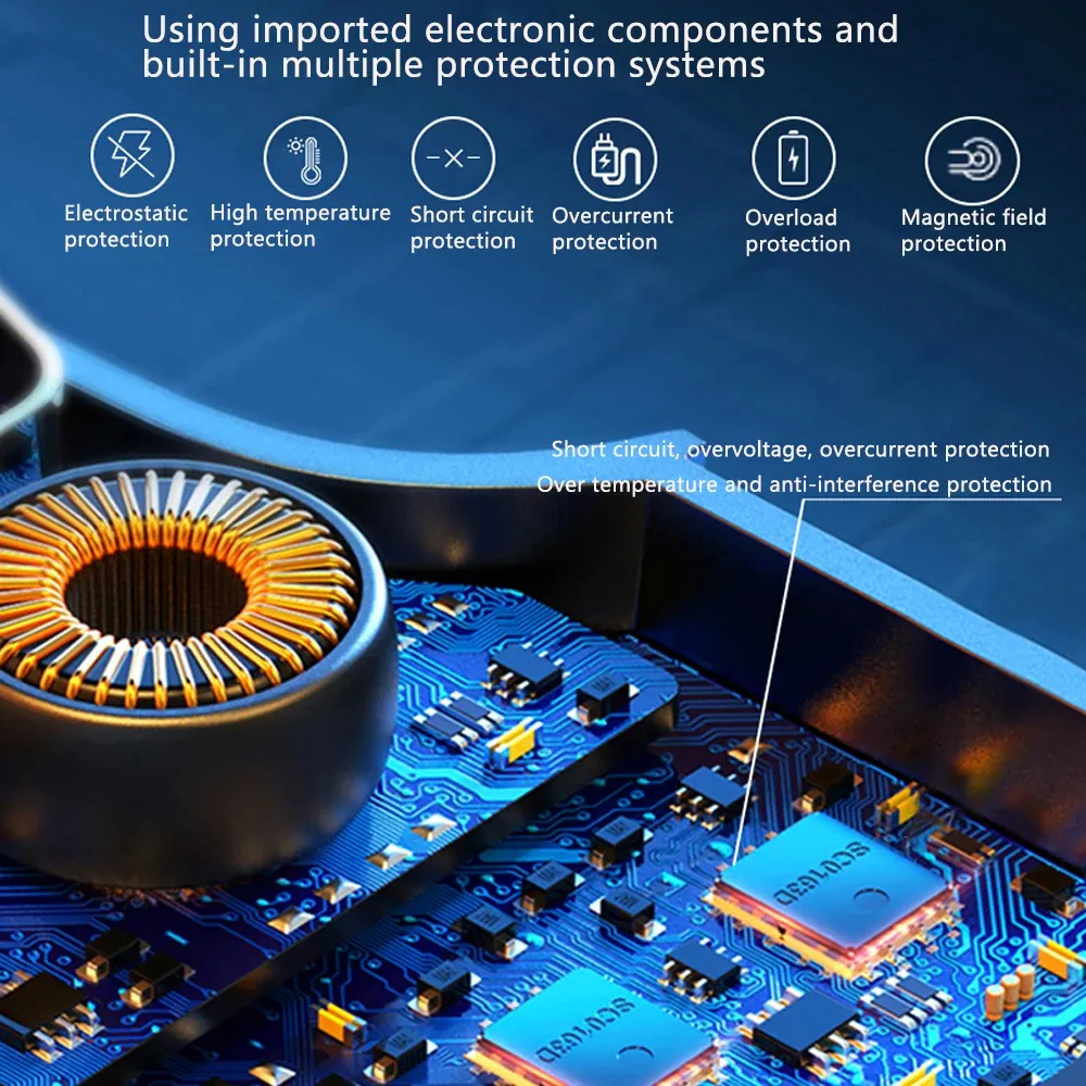 Supplier image showing car charger protection cues including electrostatic high temperature short circuit overcurrent overload and magnetic field protection