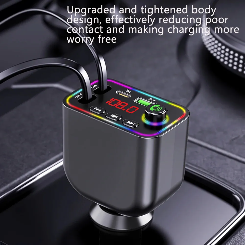 Dual USB car charger installed in vehicle cigarette lighter with Type-C 1A and 3A port labels colorful ambient light and 108.0 display