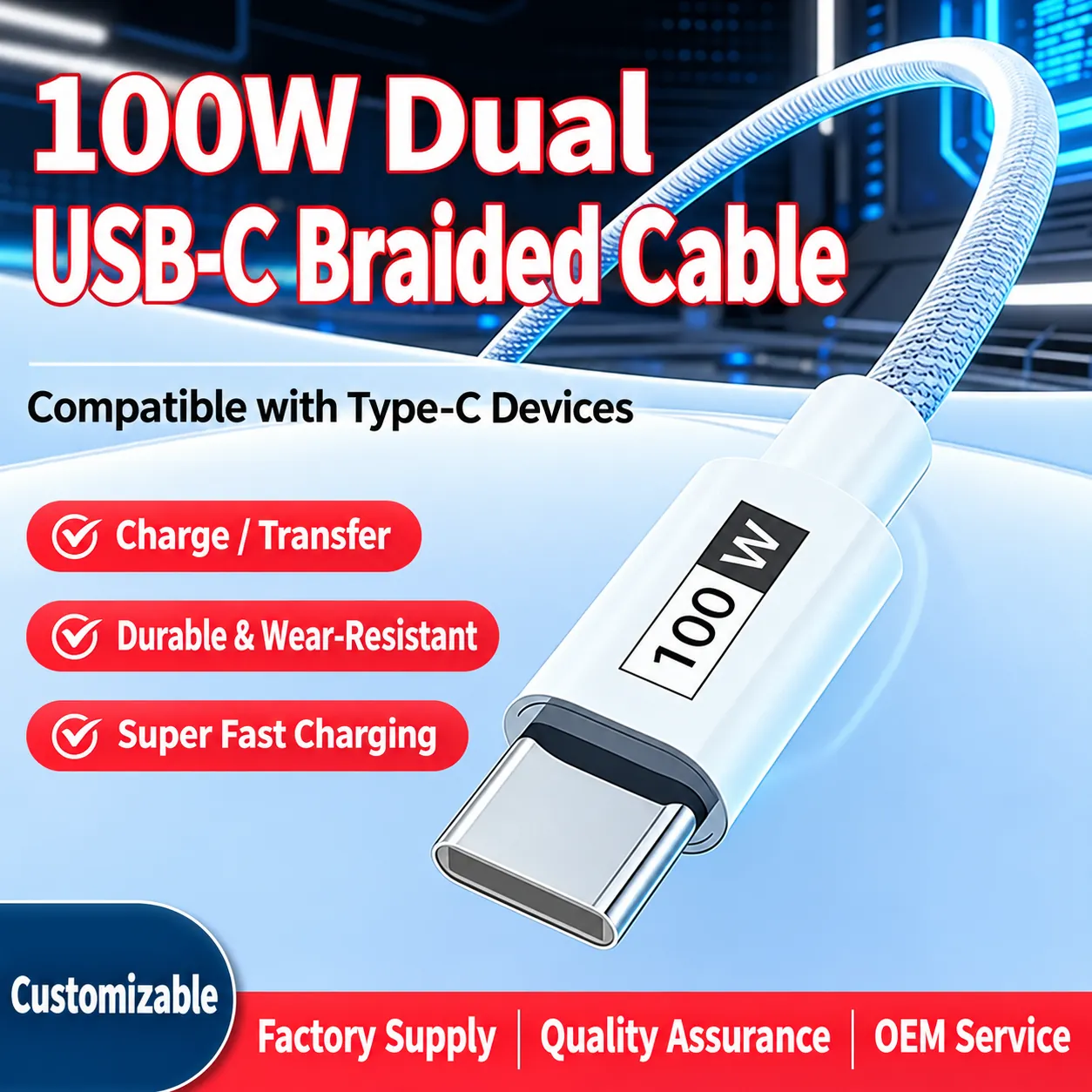 Supplier image for 100W dual USB-C braided cable with white connector and blue braided cable cue