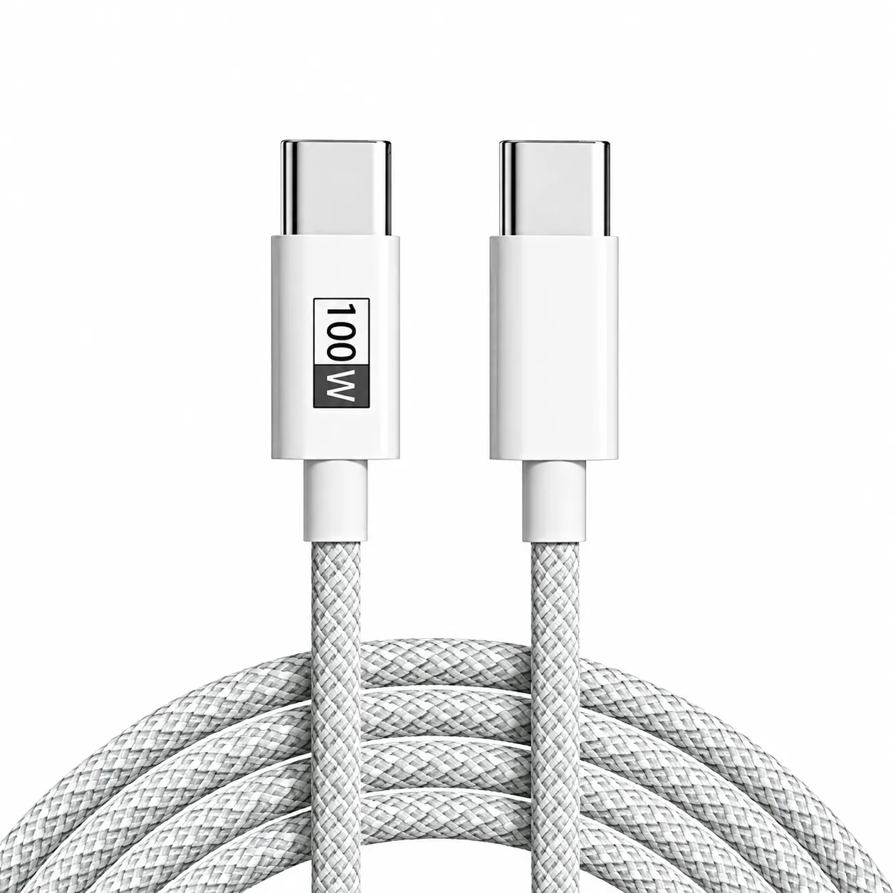 White nylon braided USB-C to USB-C cable with 100W label and two USB-C connectors