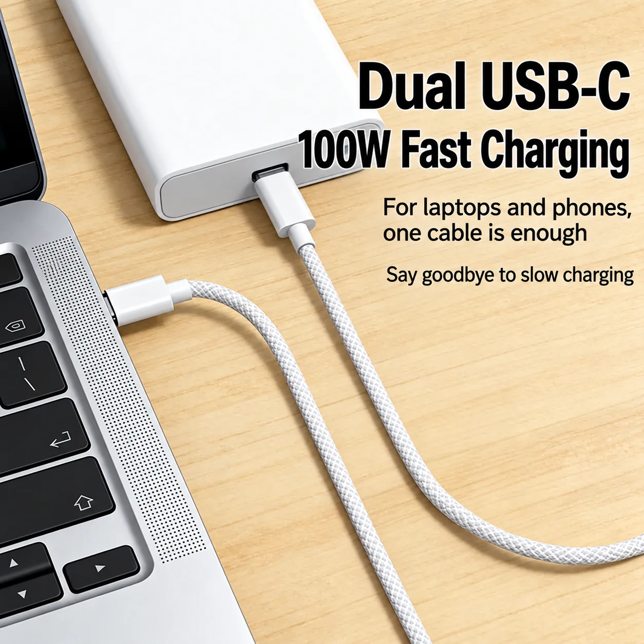 USB-C to USB-C braided cable connected between laptop and power bank with 100W fast charging cue