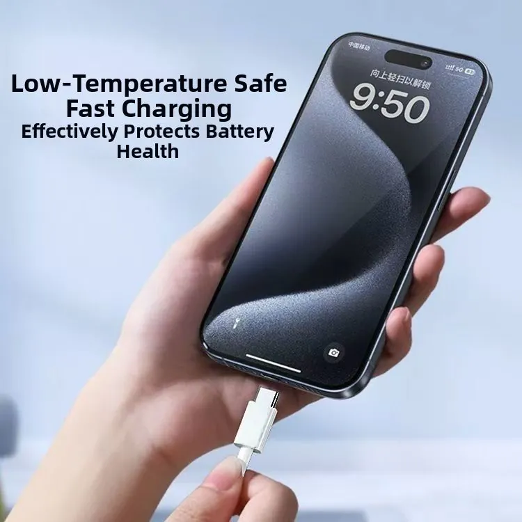 White Type-C cable connected to a cell phone with low-temperature safe fast charging cue