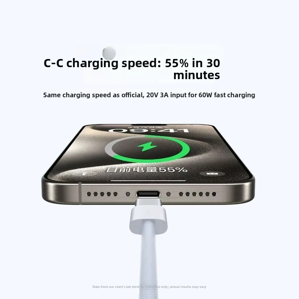 Dual Type-C cable charging speed image with 20V 3A input cue