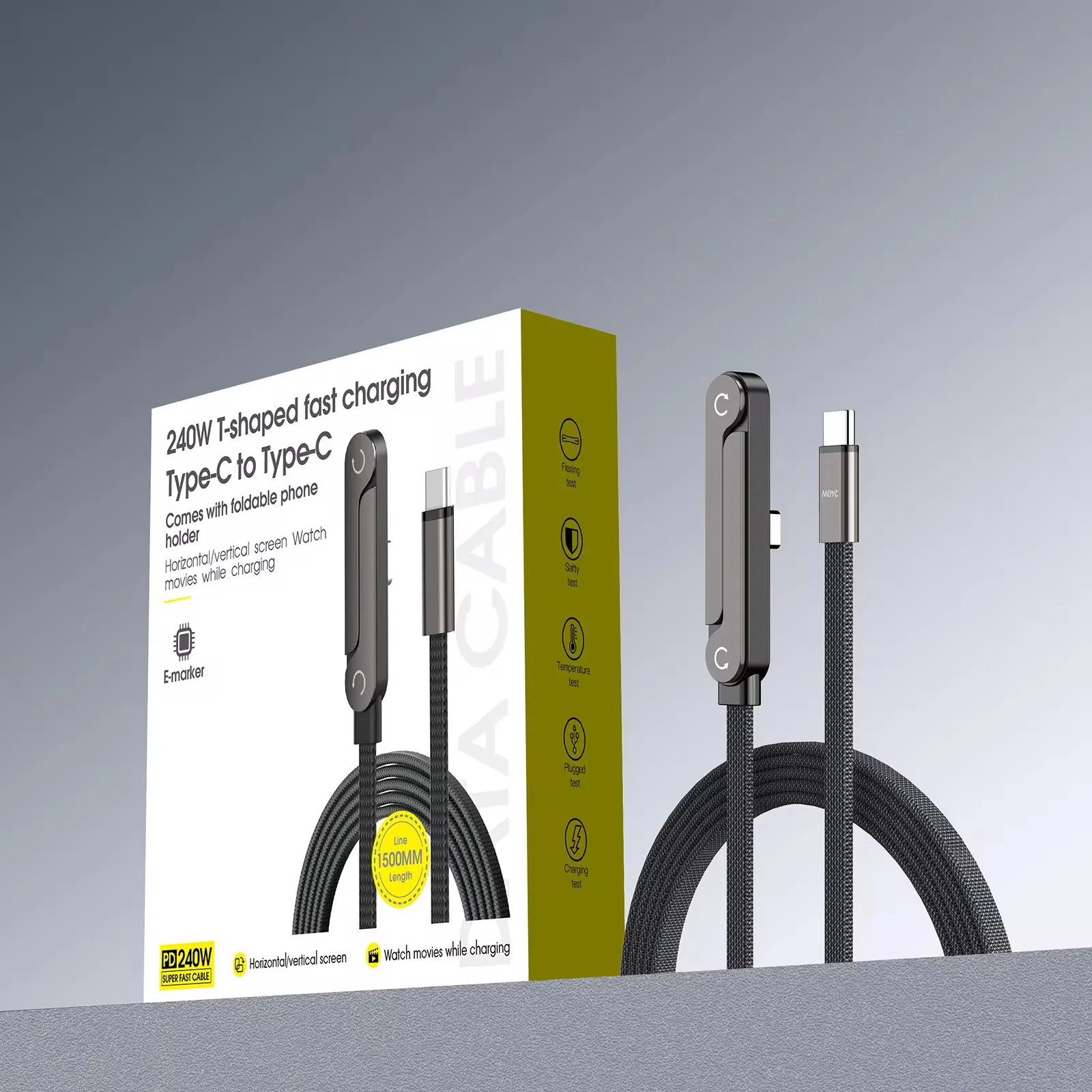 Braided fast charging cable with foldable phone stand and retail box packaging