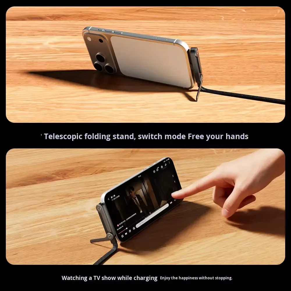 Phone supported horizontally by the cable foldable bracket while charging