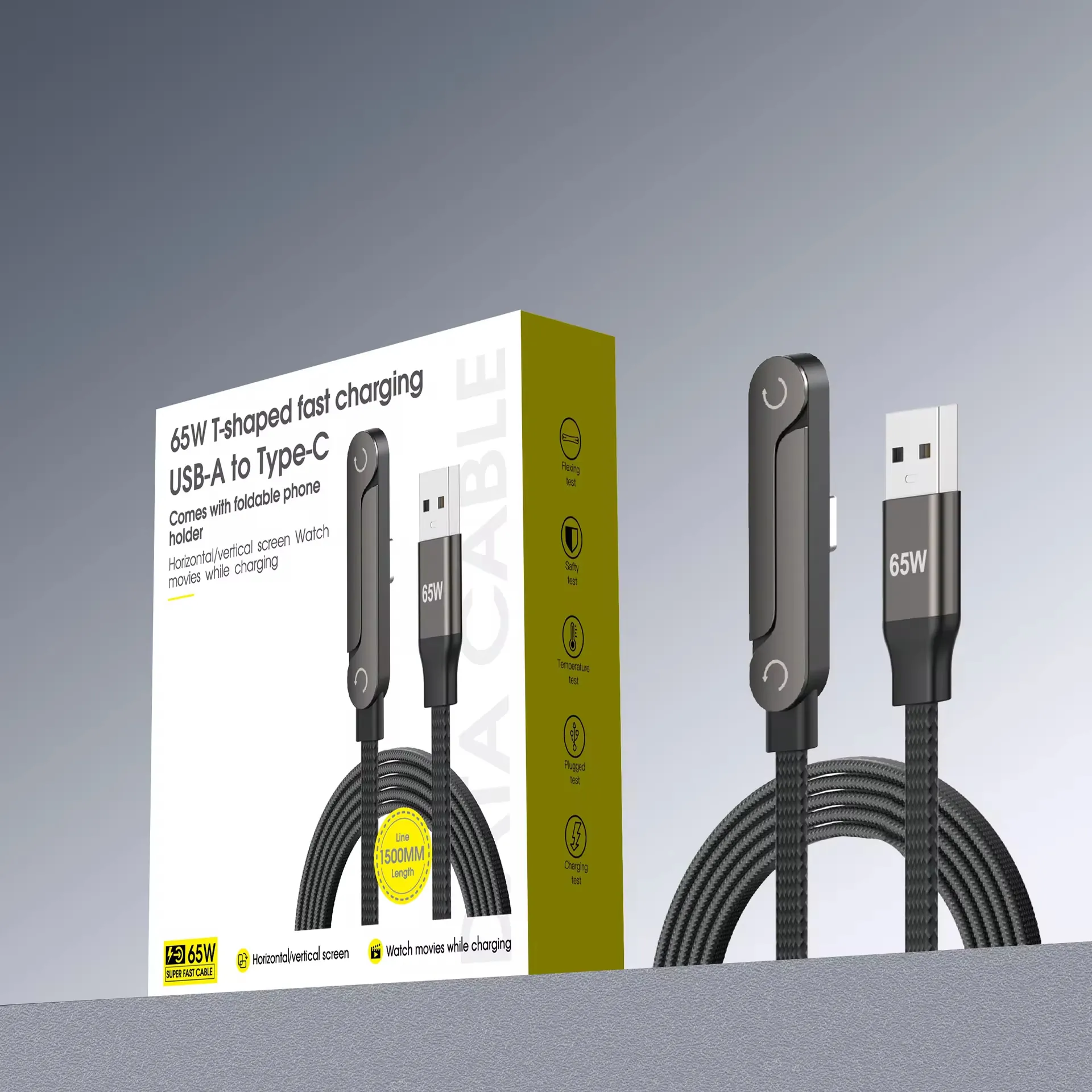 USB-A to Type-C braided cable image showing a 65W foldable bracket variant