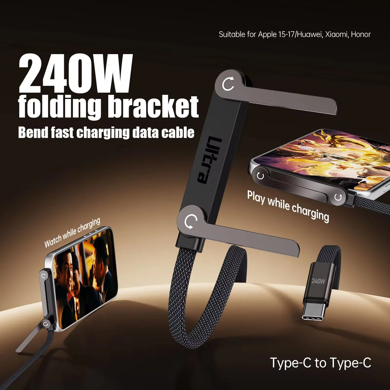 Type-C to Type-C braided cable image showing a 240W foldable bracket variant