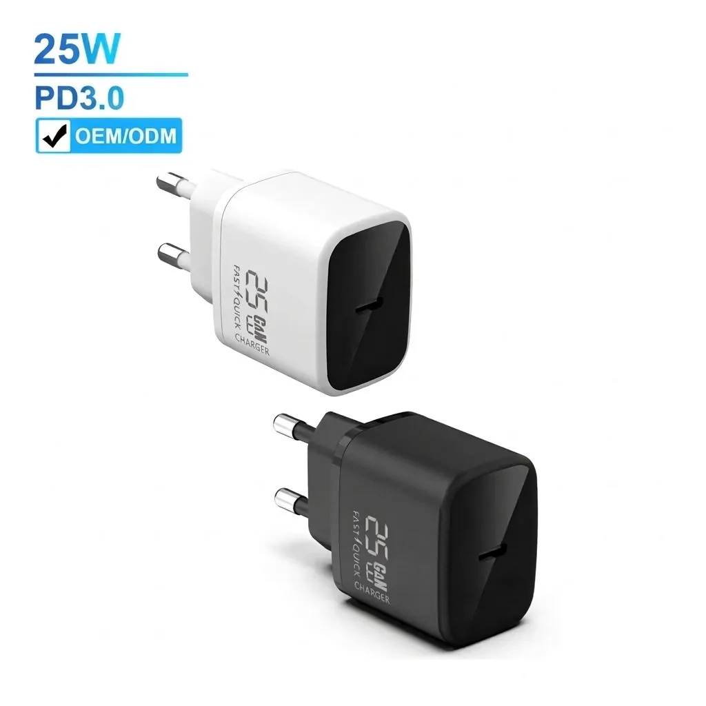 Black and white portable GaN 25W USB-C wall charger with PD3.0 and OEM ODM cues