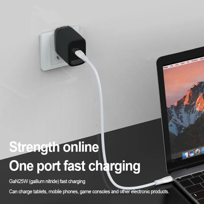 Single-port GaN 25W wall charger connected to a laptop charging setup