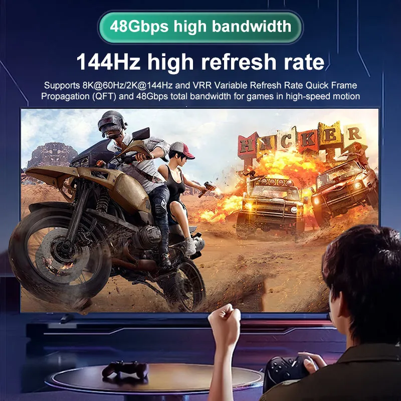 Supplier image showing 48Gbps high bandwidth and 144Hz high refresh rate gaming cue