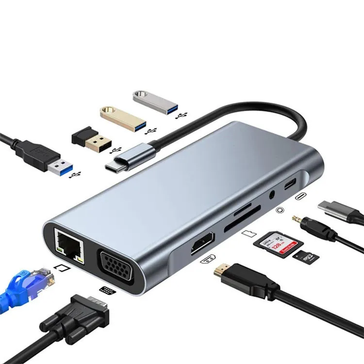 YBD-CX11 11-in-1 USB-C hub with HDMI, VGA, RJ45, SD, TF, USB, AUX and Type-C connection cues