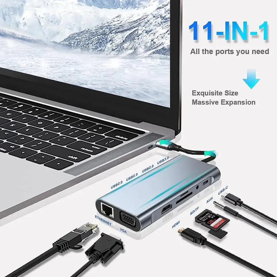 11-in-1 USB-C hub port layout with Ethernet, VGA, HDMI, card reader, USB and Type-C labels