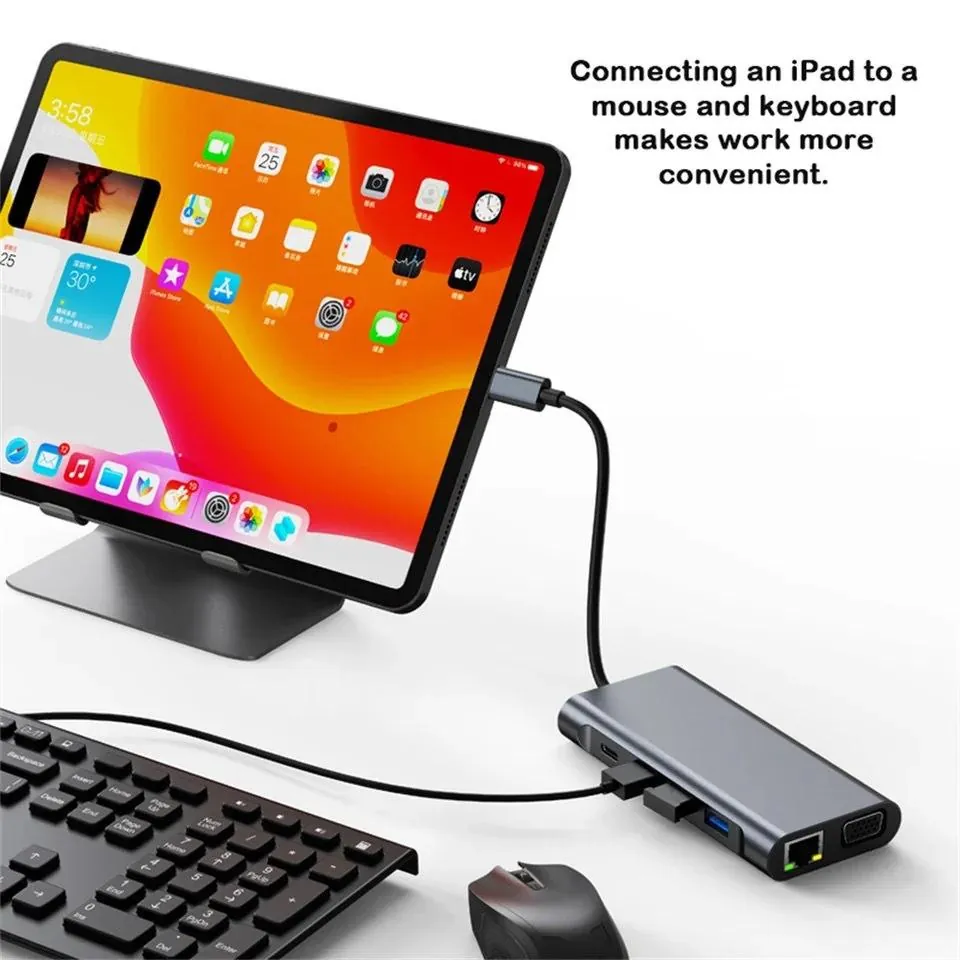 YBD-CX11 USB-C hub connected to an iPad with keyboard and mouse for office use