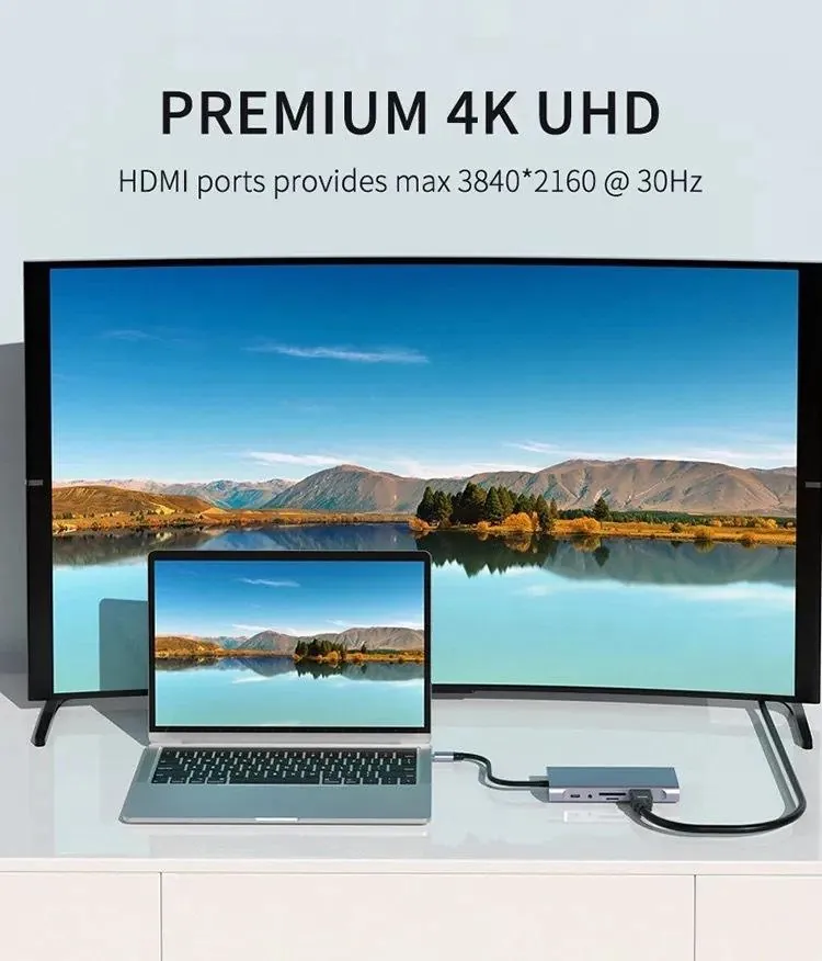 YBD-CX11 USB-C hub connected from laptop to display with listed 4K UHD HDMI at 30Hz cue