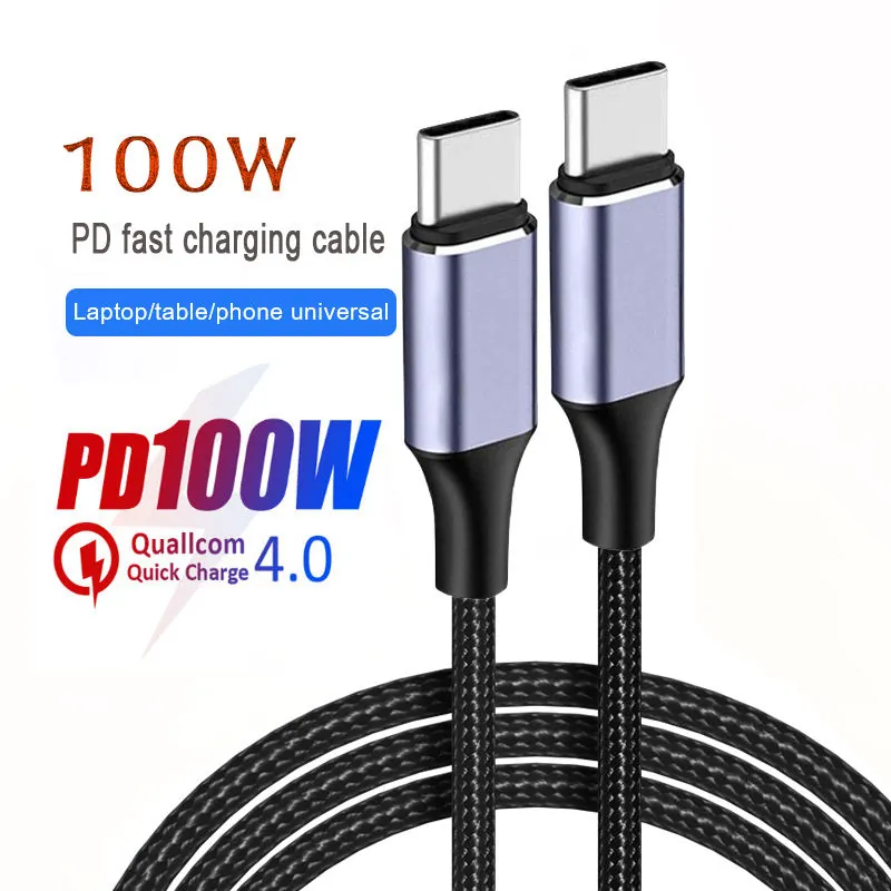 PD 100W USB-C to USB-C braided nylon cable with purple connector housings and QC4.0 feature text