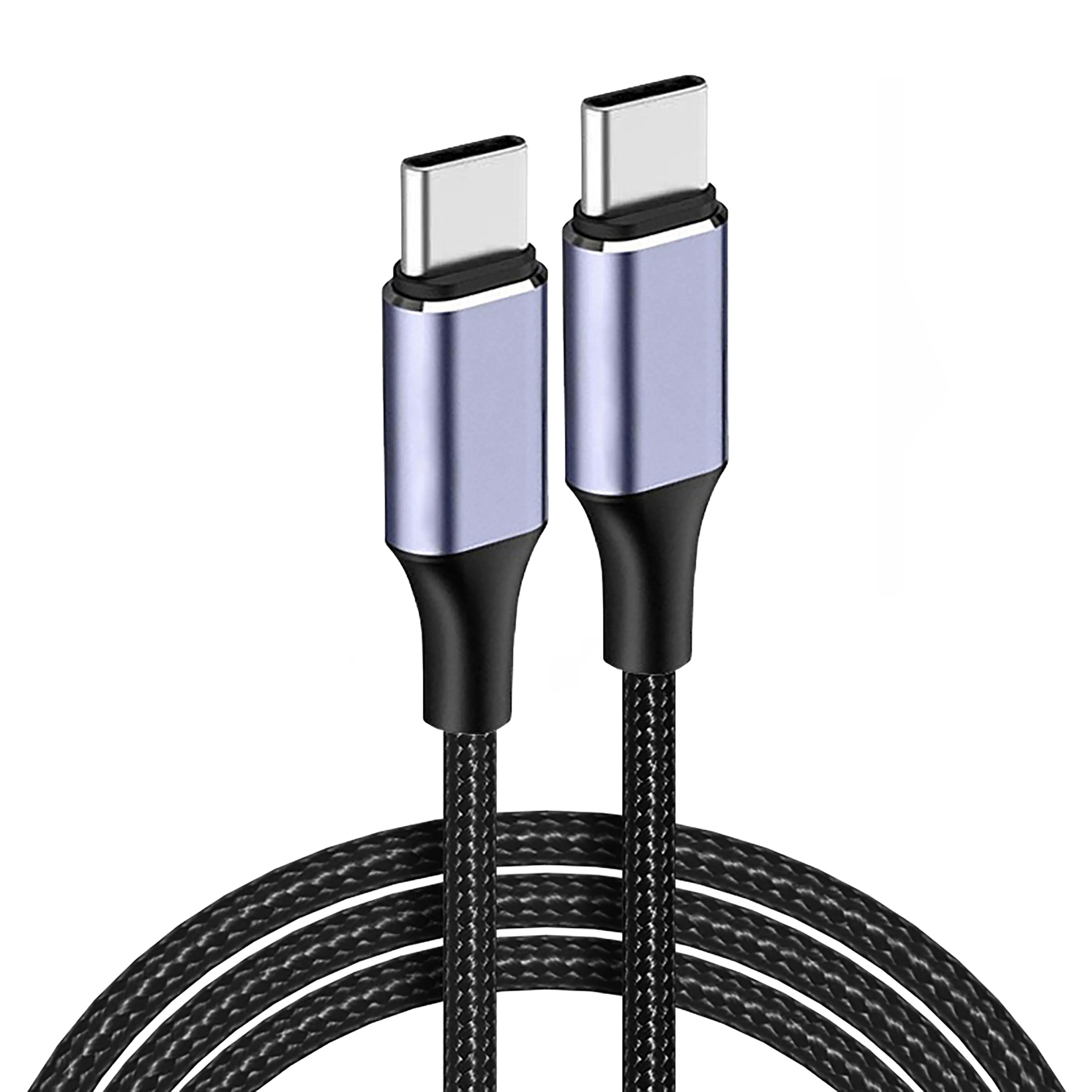 Clean product image of a black braided USB-C to USB-C fast charging cable with purple connector housings