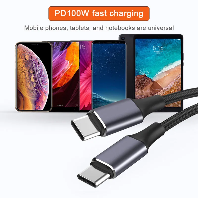 Supplier image showing PD 100W USB-C cable compatibility cues for phones, tablets and notebooks