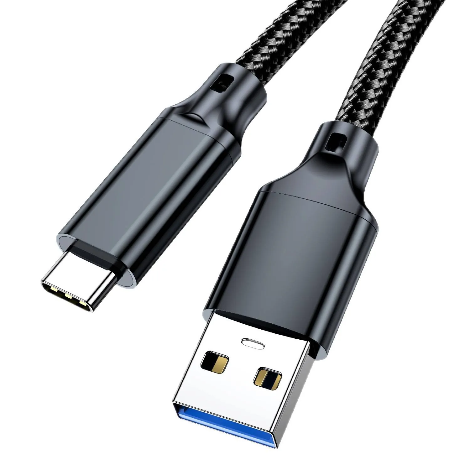Black braided USB-A to Type-C fast charging data cable close-up with USB-A and USB-C connectors