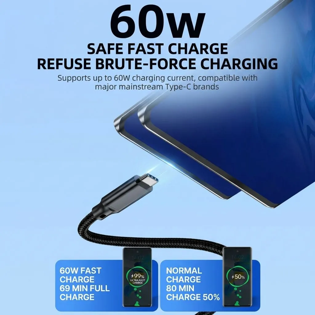 Supplier image showing 60W safe fast charge cue for USB-A to Type-C braided cable