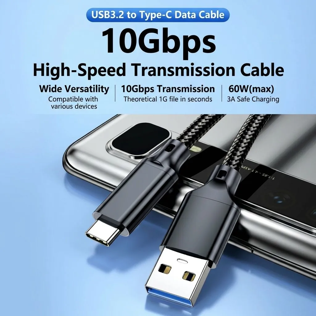 Supplier image showing USB3.2 to Type-C data cable with 10Gbps high-speed transmission and 60W max cue