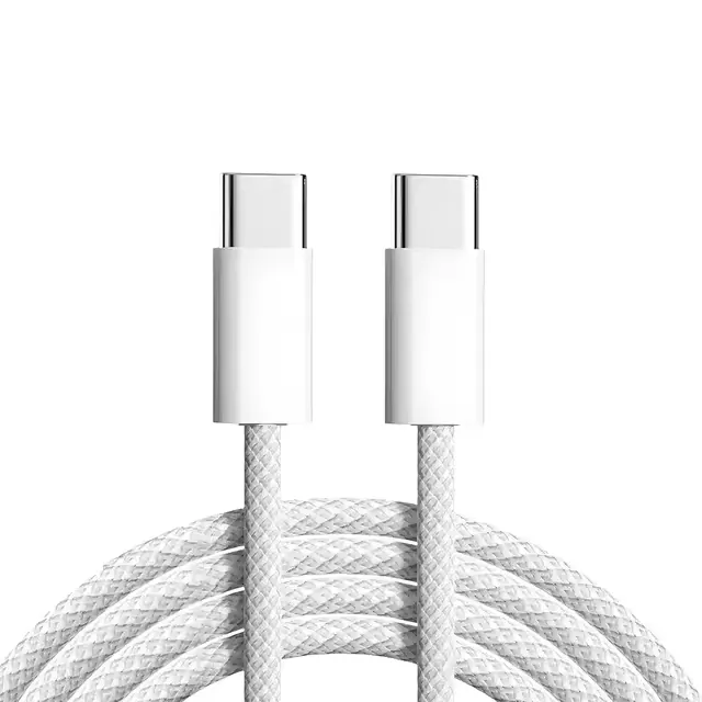 White braided USB-C to USB-C cable on a white background